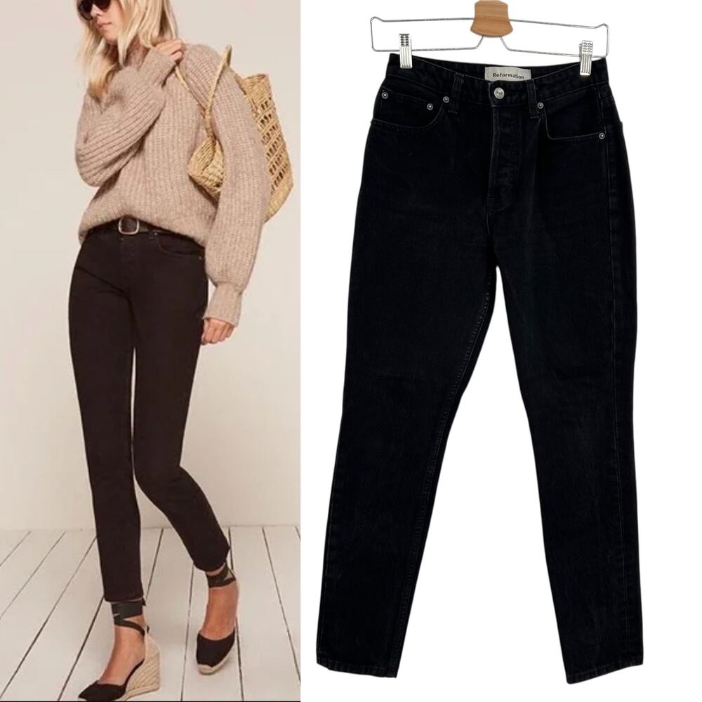 Reformation Skinny French Jeans Button Fly Thames Wash Black Denim Size 25